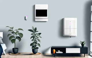 A modern apartment interior filled with various smart home devices such as a smart thermostat