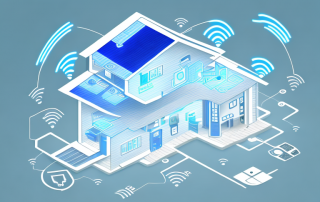 A modern smart home with various technological features such as automated lighting