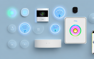 A modern house with visible smart home devices like a smart thermostat