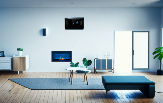 A modern living room with a visible smart thermostat on the wall and heat waves radiating from the floor