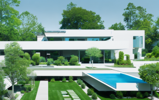 A modern house surrounded by various smart home devices like security cameras