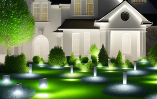 A variety of stylish wlan outdoor lights illuminating a garden in the evening