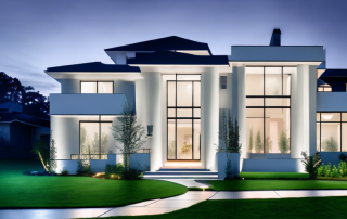 A modern home exterior at dusk