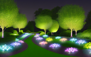 A well-lit garden at night