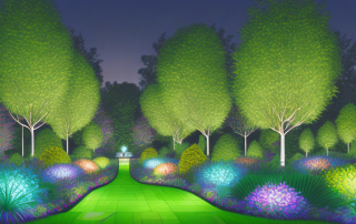 A beautifully lit garden at night