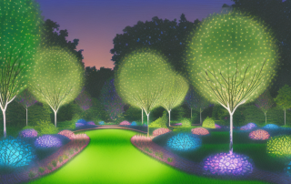 A beautifully lit garden at dusk