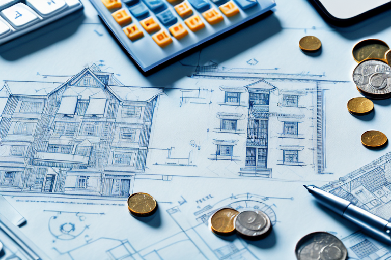A detailed blueprint of an apartment with various economic symbols and elements like a piggy bank