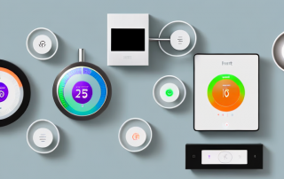 Several different smart thermostats displayed side by side