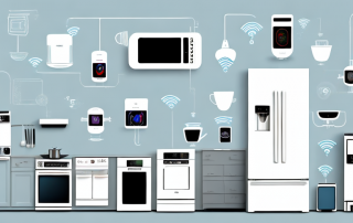 A modern kitchen filled with various smart home devices such as a smart fridge