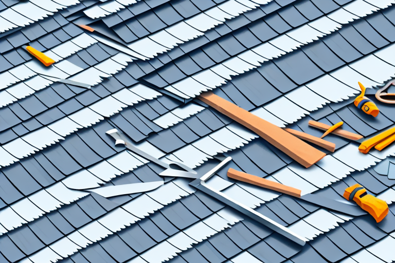 A rooftop under renovation with different types of roofing materials and tools scattered around