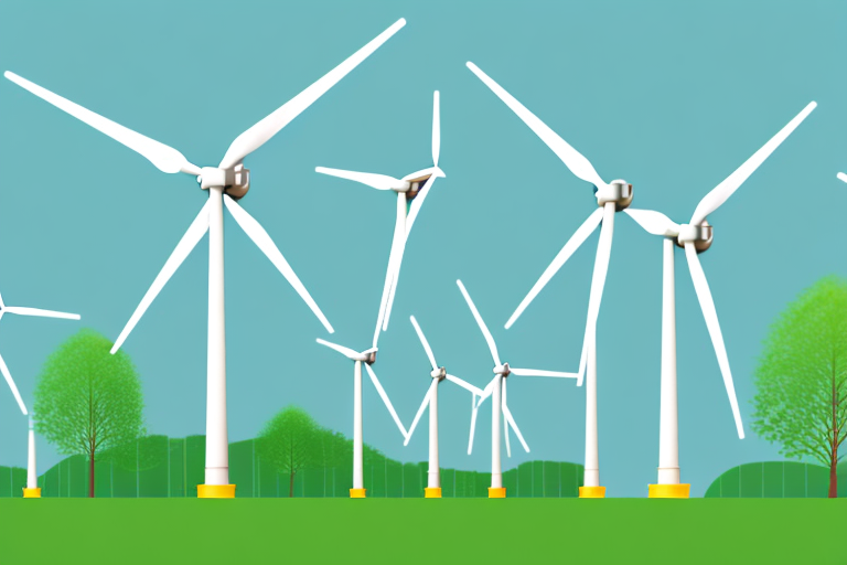 A sustainable building surrounded by greenery and renewable energy sources like solar panels and wind turbines