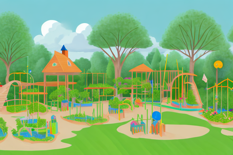 A picturesque outdoor kindergarten environment with various play and learning areas