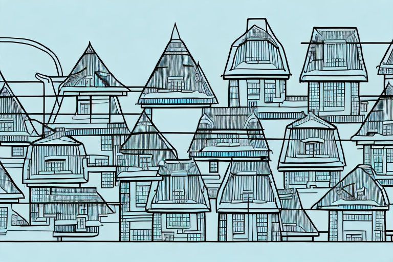 A landscape showcasing various types of roofs on houses