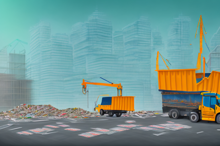 A construction site with a dumpster filled with bagged asbestos
