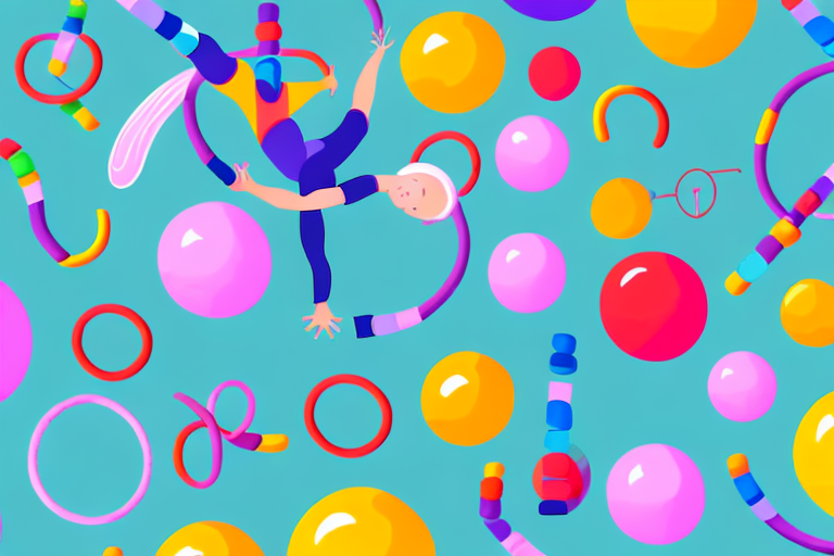 Various playful and colorful gymnastic equipment like balance beams