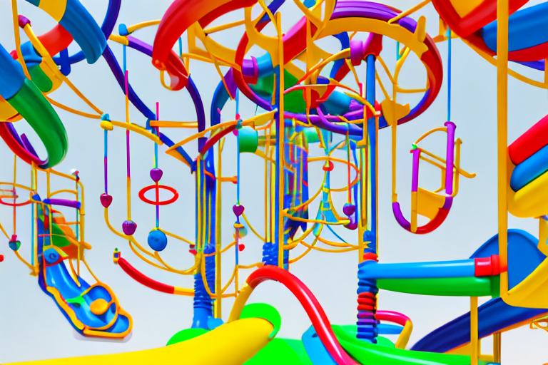 A colorful and vibrant kindergarten play area with various types of equipment like slides