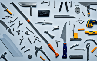 Various tools typically used by a drywall installer