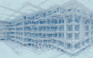 A blueprint with various architectural elements like buildings