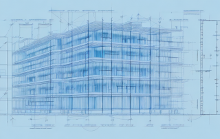 A blueprint of a building project with a visible timeline and various construction tools scattered around