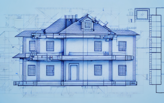 A blueprint of a house with various construction tools like a hammer