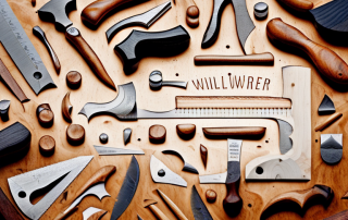 Various traditional woodworking tools like a hammer