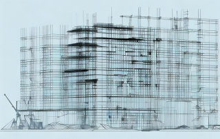 A construction site with various architectural elements