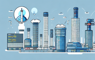 A cityscape with various types of buildings (such as factories