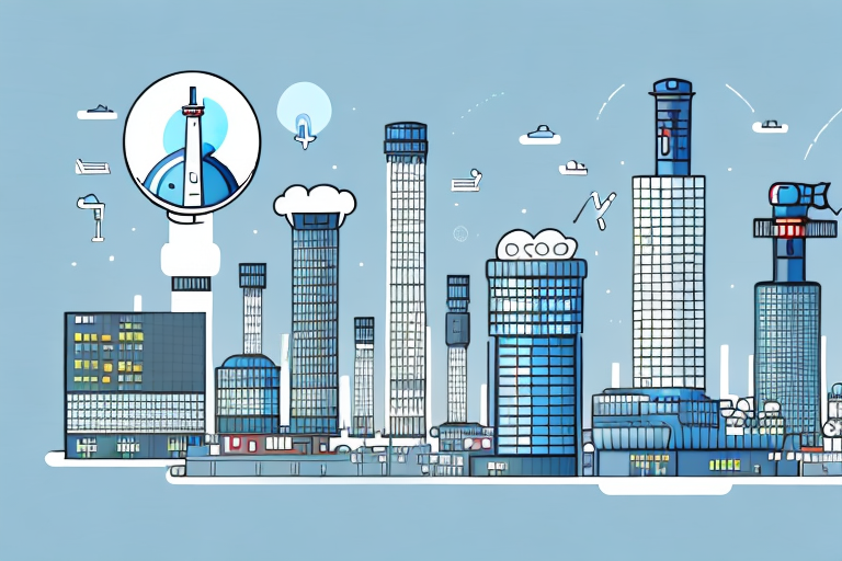 A cityscape with various types of buildings (such as factories