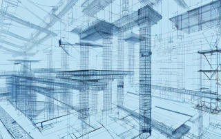 A construction site with various engineering tools such as blueprints