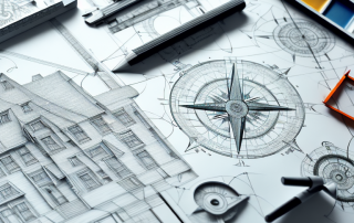 A drafting table with architectural tools like a compass