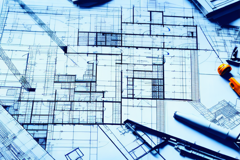 A construction site with various architectural blueprints