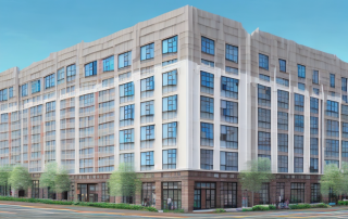 A commercial building being transformed into a residential building in a mixed-use area