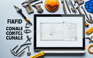 A construction site with various tools and a laptop displaying a spreadsheet