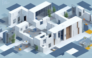 A modular building with various rooms and spaces