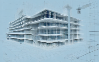 A contemporary construction site with various architectural elements like blueprints