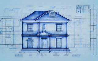 A blueprint of a house with various architectural tools like a ruler