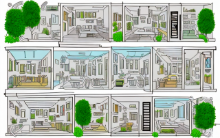 A 150 square meter house with various sections highlighted