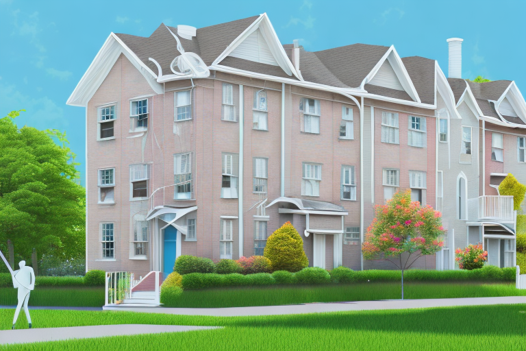 A multi-family house with a 'for sale' sign in the front yard