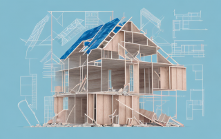 A half-constructed house with various construction tools and materials scattered around