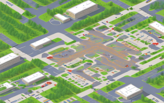 A small town with various communal facilities such as a library