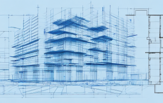 A construction site with various architectural blueprints and a hard hat