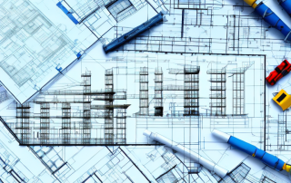 A construction site with various stages of a building project