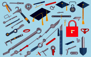 Various locksmith tools and a graduation cap