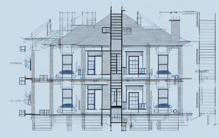 A detailed construction plan with various stages of a single-family house being built