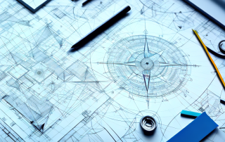 A drafting table with architectural tools like a ruler