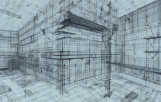 A construction site with various tools and blueprints