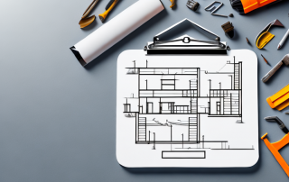 A construction site with various stages of a house being built