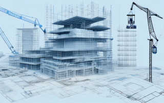 A construction site with various stages of a building project in progress