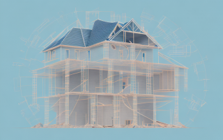 A partially constructed single-family house with various construction materials scattered around