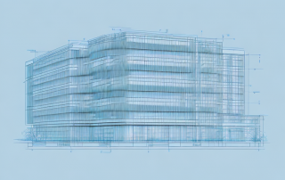 An architectural blueprint featuring a cross-sectional view of a building